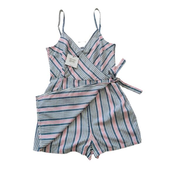 Jack by BB Dakota Romper Blue Red Ivory Striped Faux Wrap Skirted Romper Size XS - Picture 3 of 12